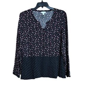 J Jill Top Womens Medium Multicolor Floral Print Split Neck Rayon Blouse